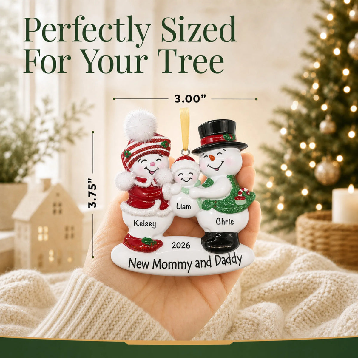 Size guide: the personalized new parents 1st christmas ornament is 3.00 in wide by 3.75 in tall, shown in hand
