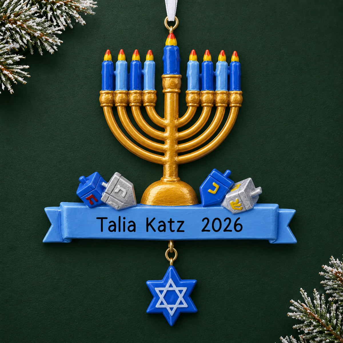 Personalized Hanukkah Menorah christmas ornament on a dark green pine background