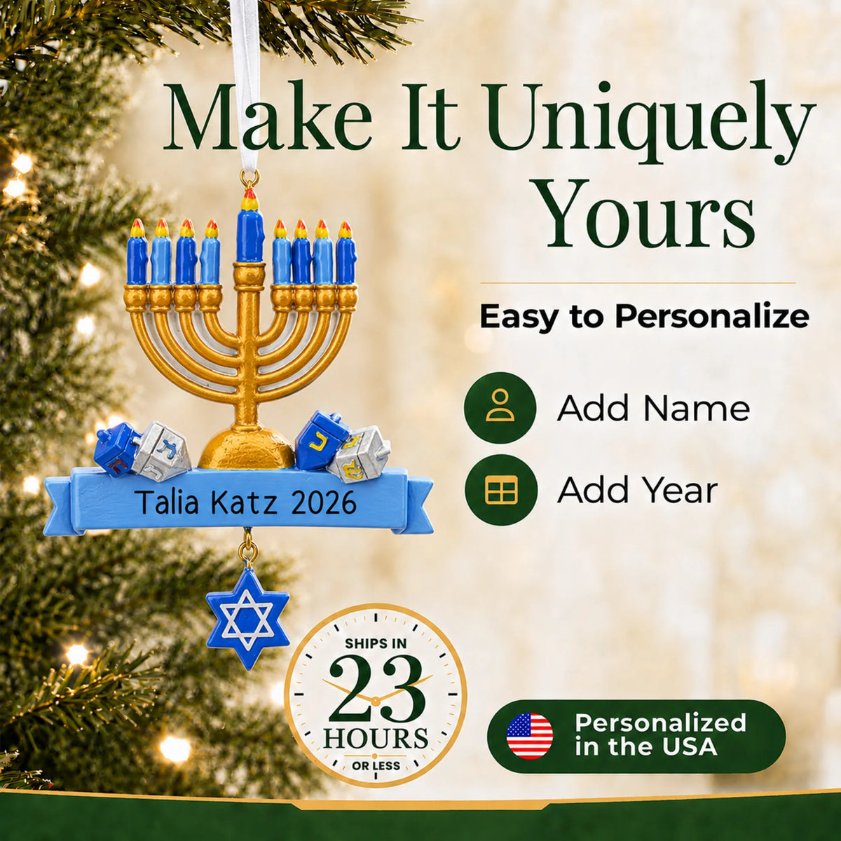 Make it yours: personalize the Hanukkah Menorah christmas ornament