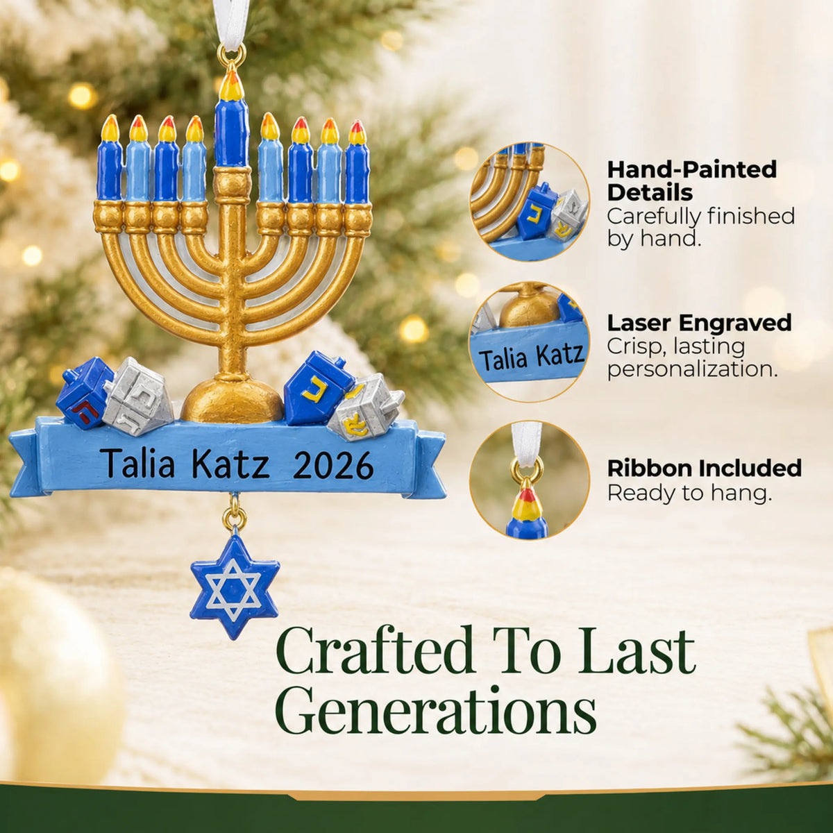 Hand-painted details and laser engraved personalization on the Hanukkah Menorah christmas ornament, ribbon included