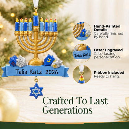 Hand-painted details and laser engraved personalization on the Hanukkah Menorah christmas ornament, ribbon included