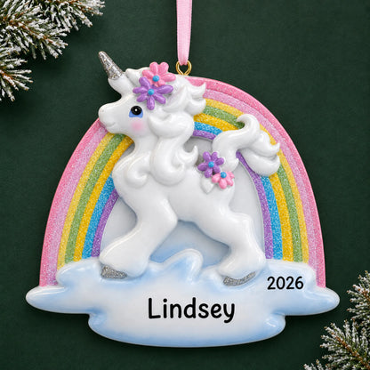 Personalized unicorn rainbow christmas ornament on a dark green pine background