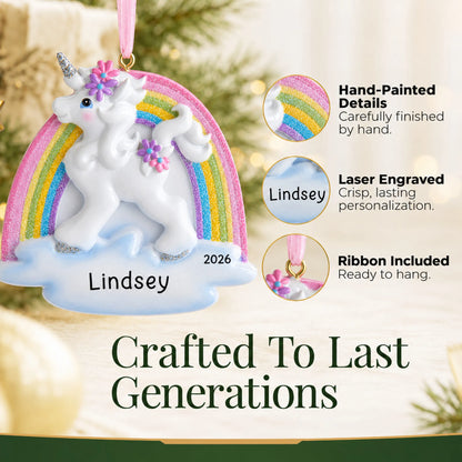 Hand-painted details and laser engraved personalization on the unicorn rainbow christmas ornament, ribbon included