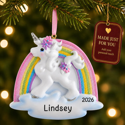Unicorn rainbow christmas ornament hanging on a lit Christmas tree with a Made Just For You gift tag