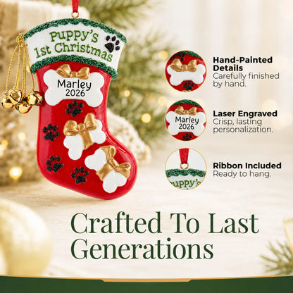Hand-painted, laser engraved Puppy's First Christmas Stocking ornament, ribbon included