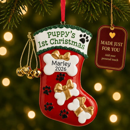 Puppy's First Christmas Stocking ornament hanging on a lit Christmas tree with a Made Just For You gift tag