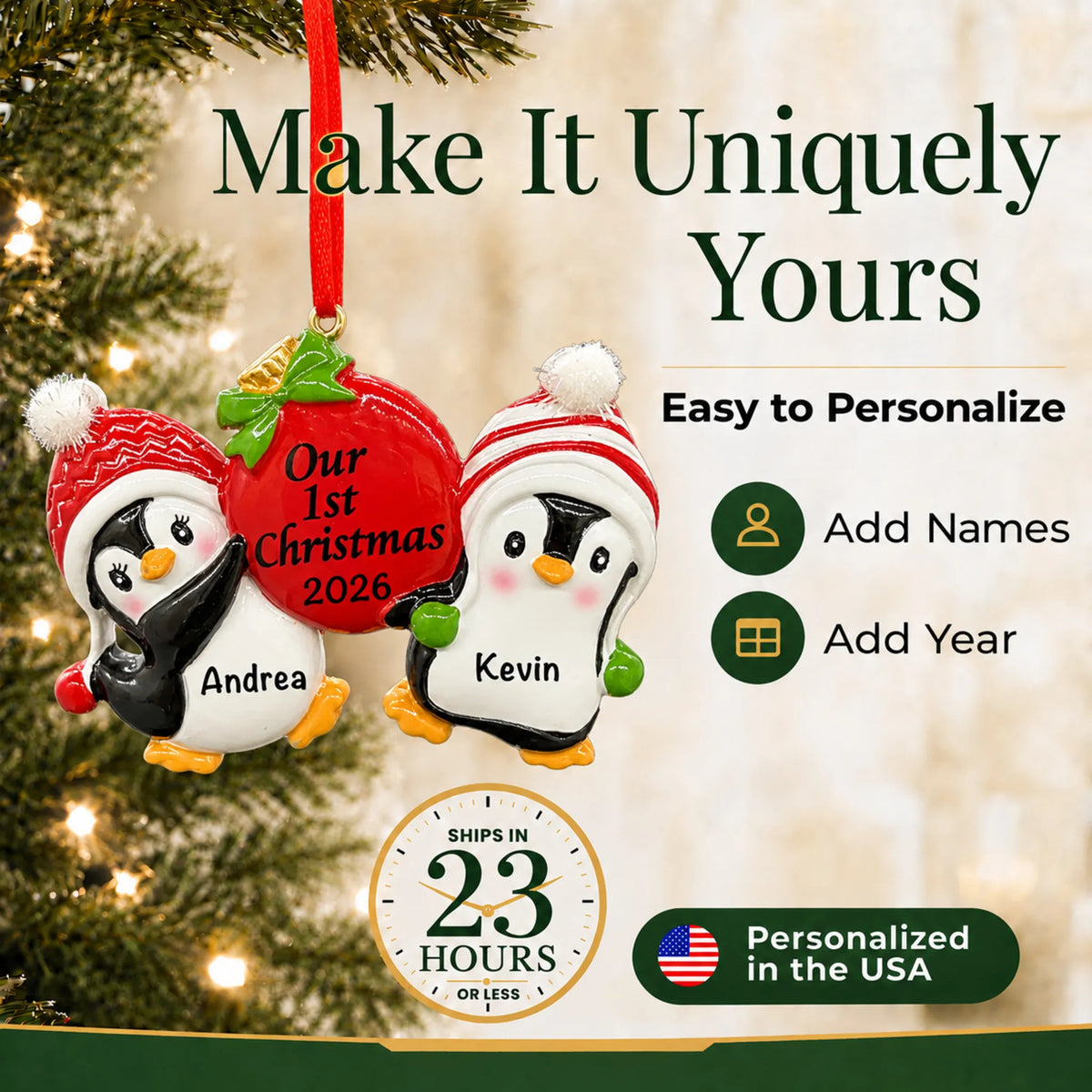 Make it yours: add names to the personalized our first christmas penguins ornament