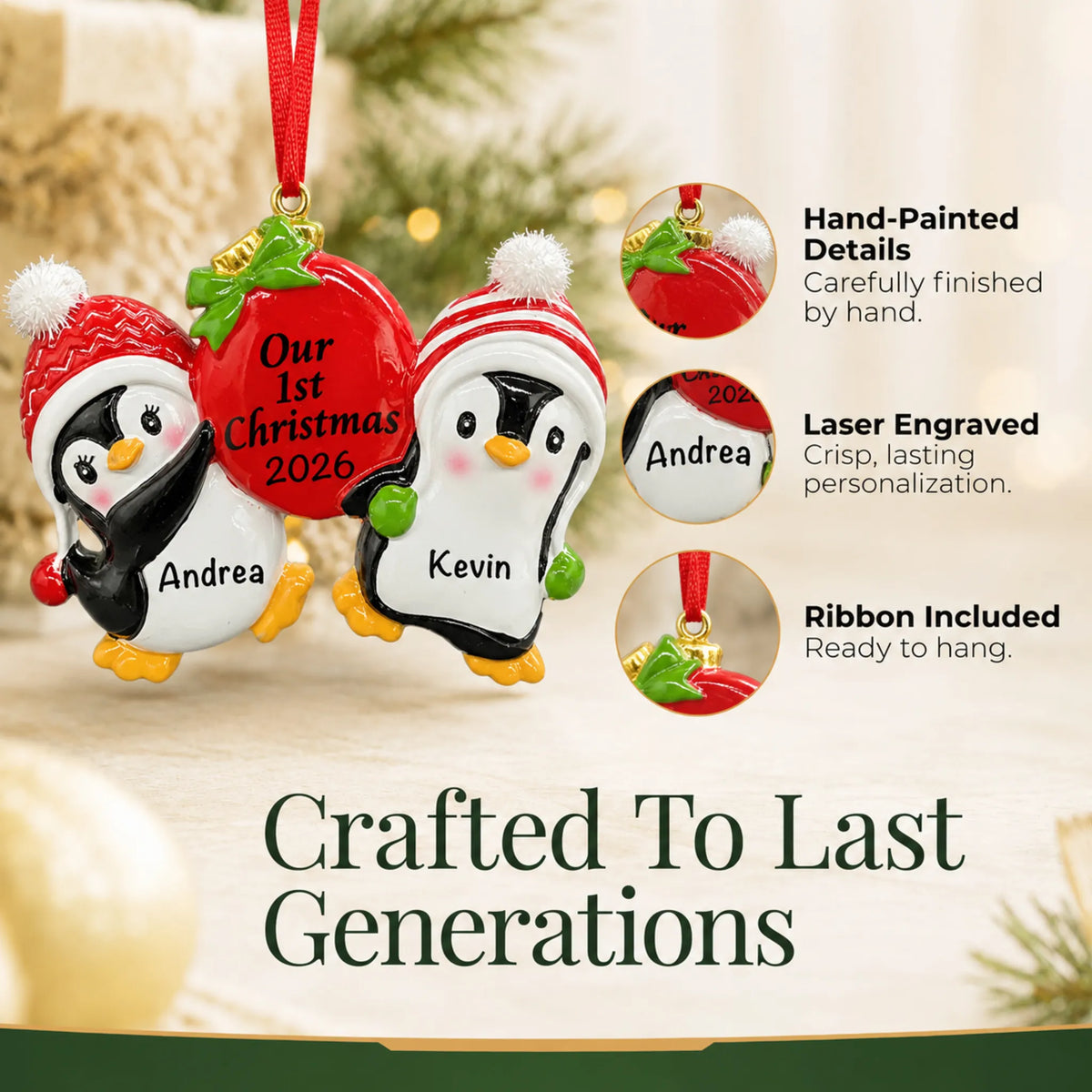 Hand-painted details and laser engraved personalization on the our first christmas penguins ornament, ribbon included