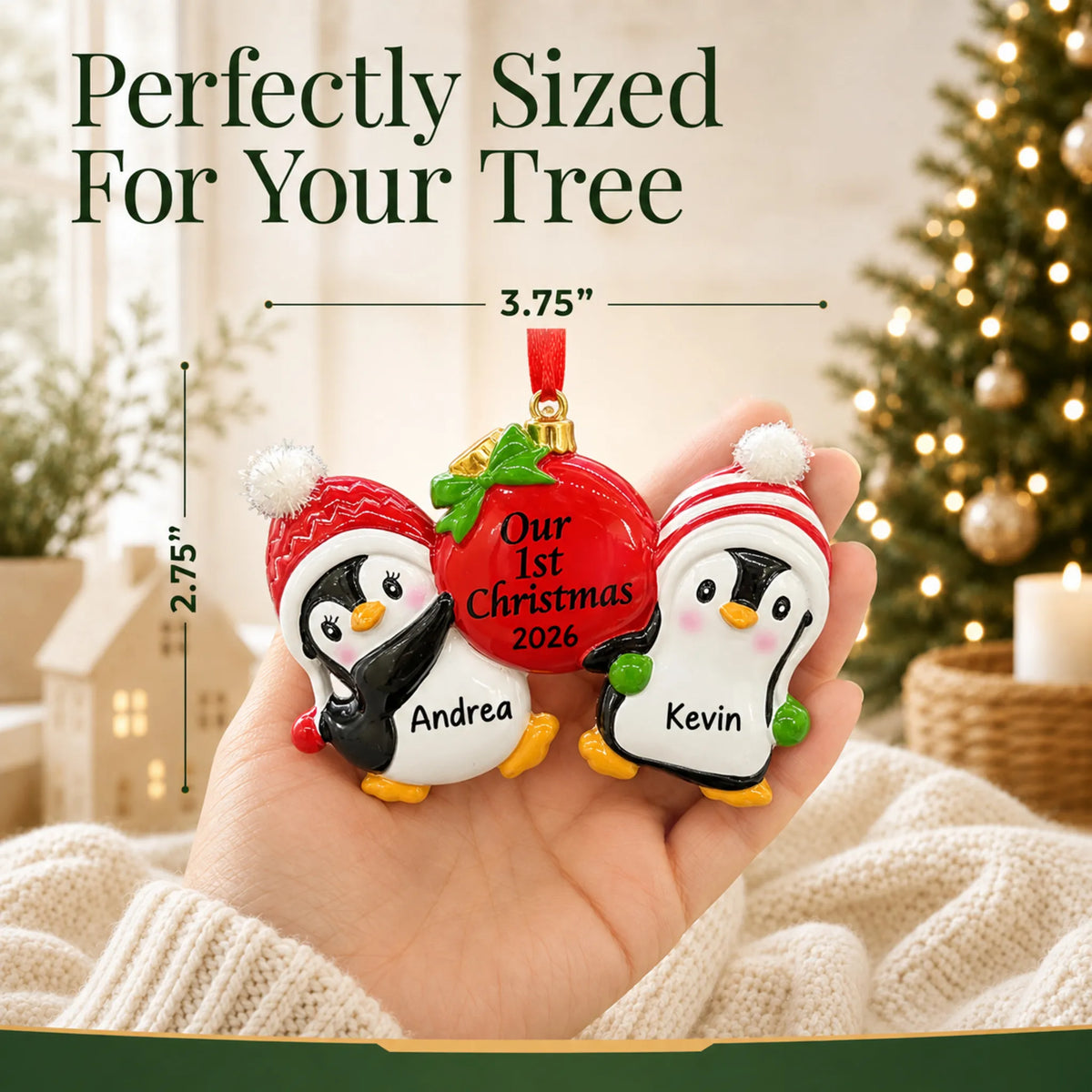 Size guide: the personalized our first christmas penguins ornament is 3.75 in wide by 2.75 in tall, shown in hand