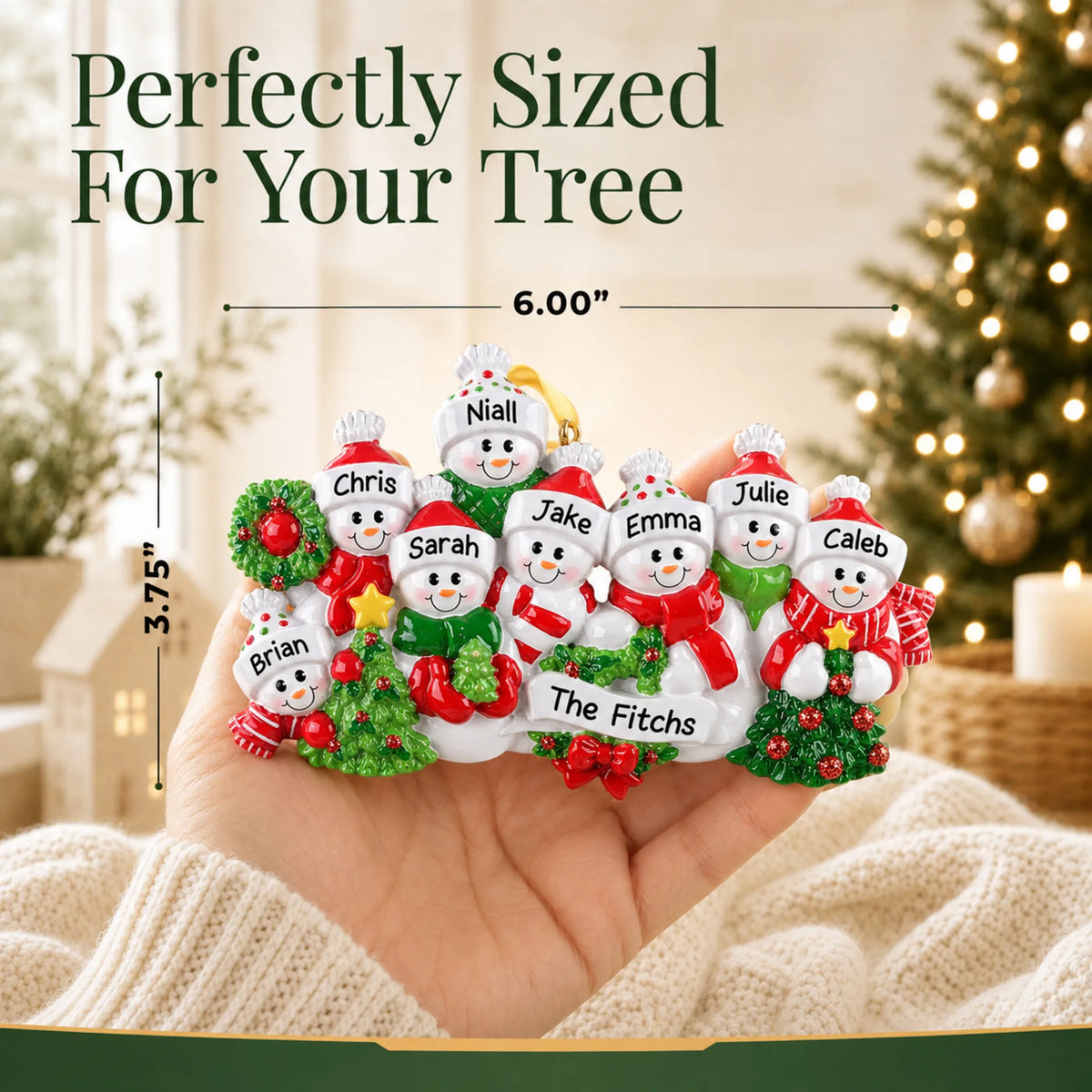 Our first christmas penguins ornament hanging on a lit Christmas tree with a Made Just For You gift tag