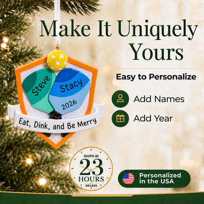 Make it yours: add names and year to the personalized pickleball doubles christmas ornament