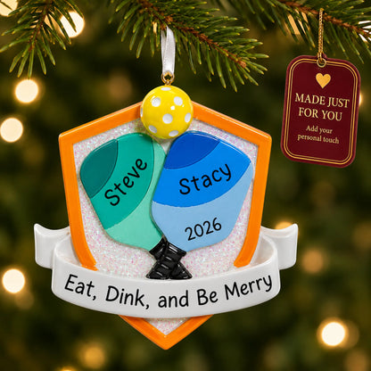 Pickleball doubles christmas ornament hanging on a lit Christmas tree with a Made Just For You gift tag