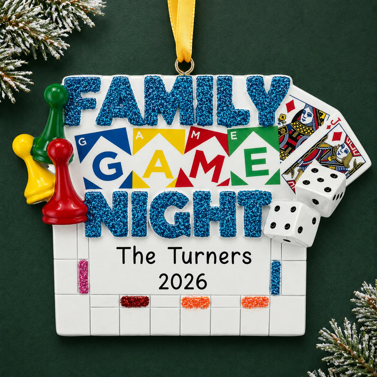 Personalized family game night christmas ornament on a dark green pine background