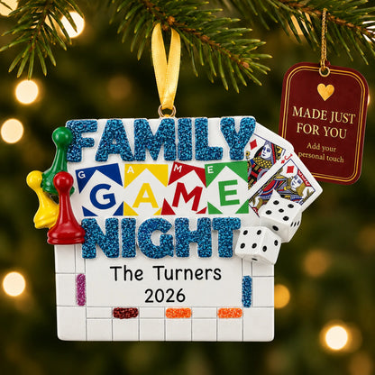 Family game night christmas ornament hanging on a lit Christmas tree with a Made Just For You gift tag
