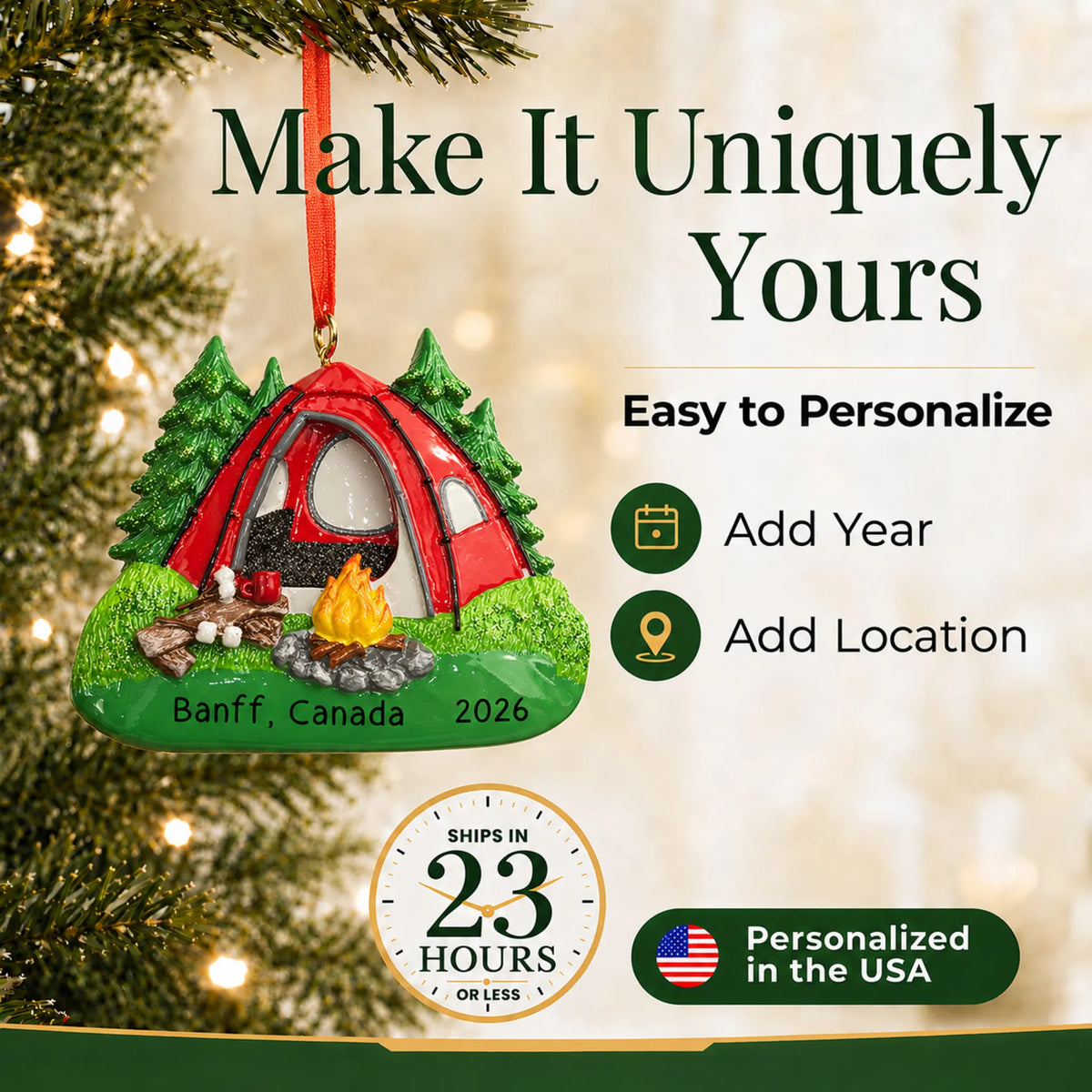 Make it yours: personalize the red camping tent christmas ornament