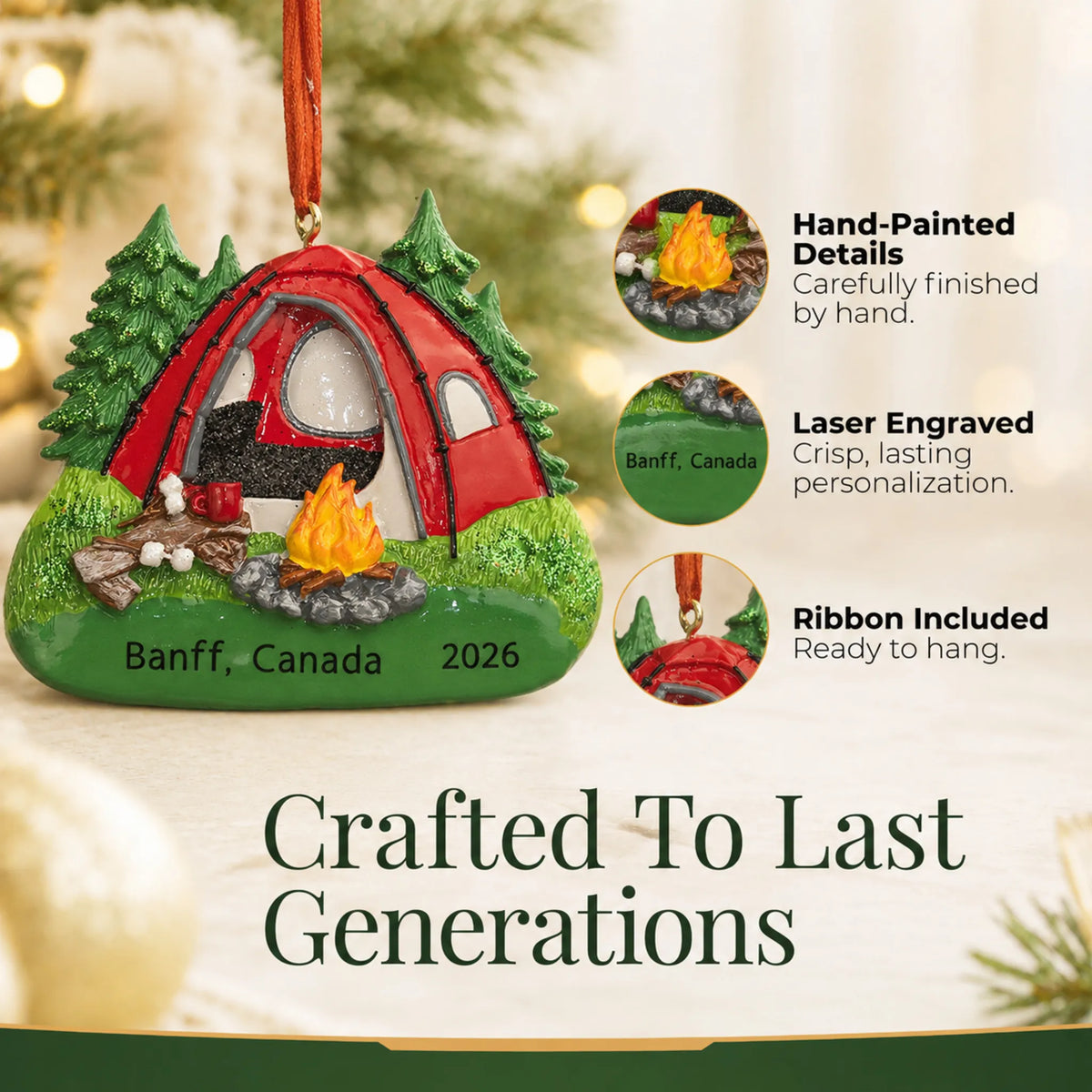 Hand-painted details and laser engraved personalization on the red camping tent christmas ornament, ribbon included