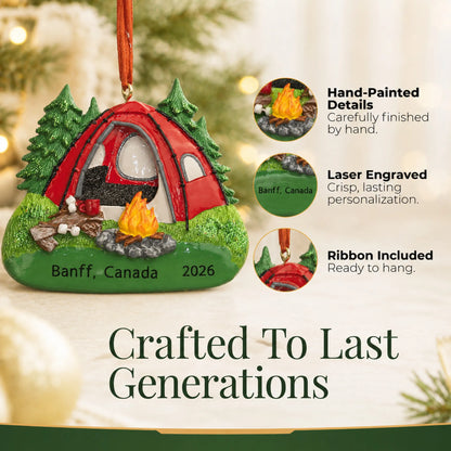 Hand-painted details and laser engraved personalization on the red camping tent christmas ornament, ribbon included