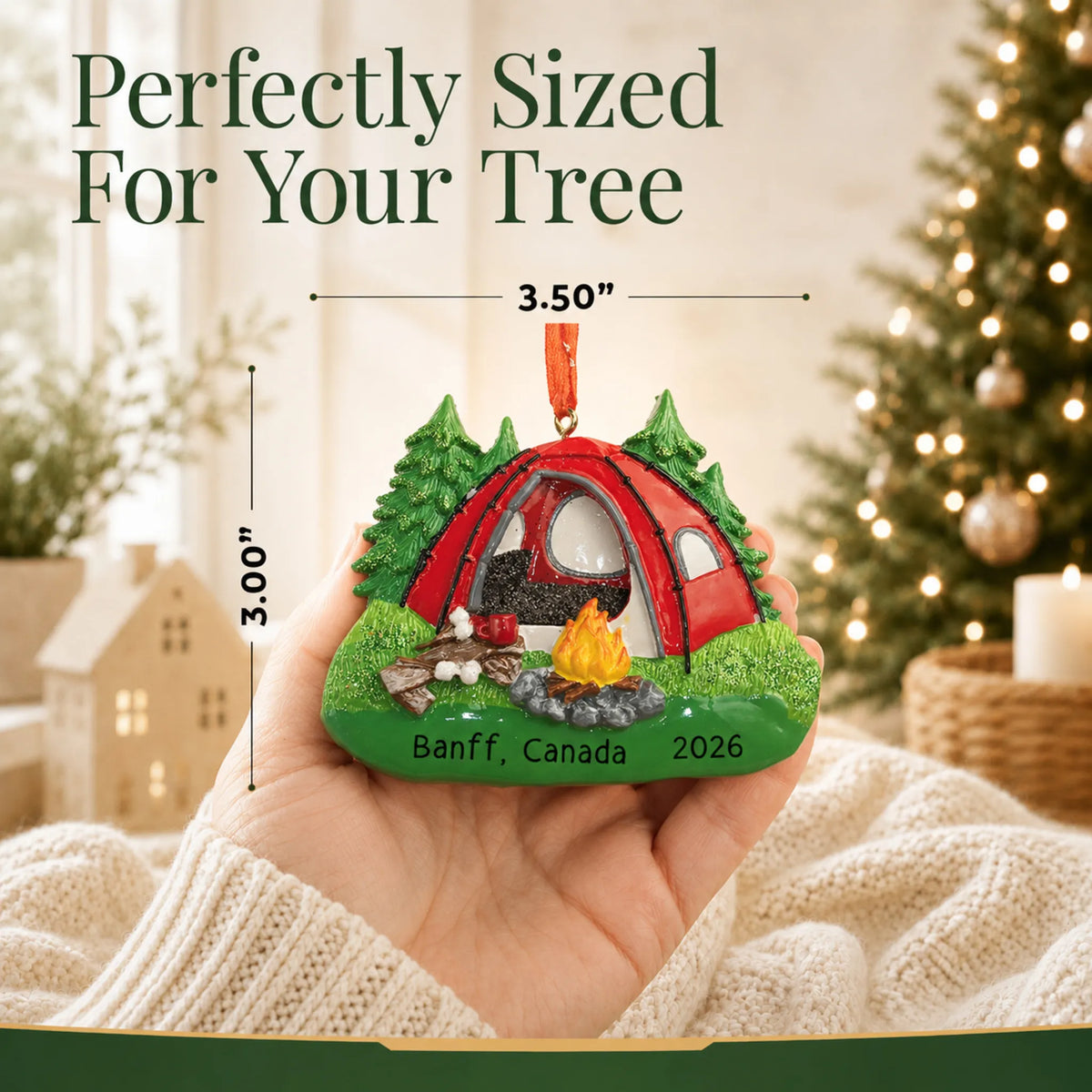 Size guide: the personalized red camping tent christmas ornament is 3.50 in wide by 3.00 in tall, shown in hand