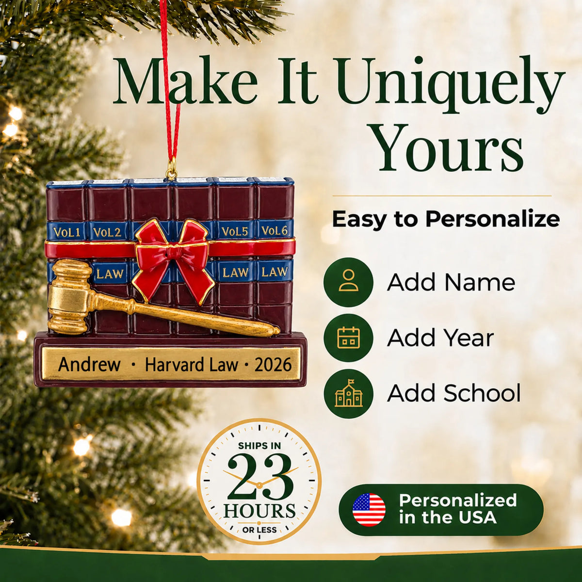 Make it yours: add name, school and year to the personalized attorney law and gavel christmas ornament
