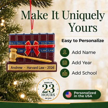 Make it yours: add name, school and year to the personalized attorney law and gavel christmas ornament