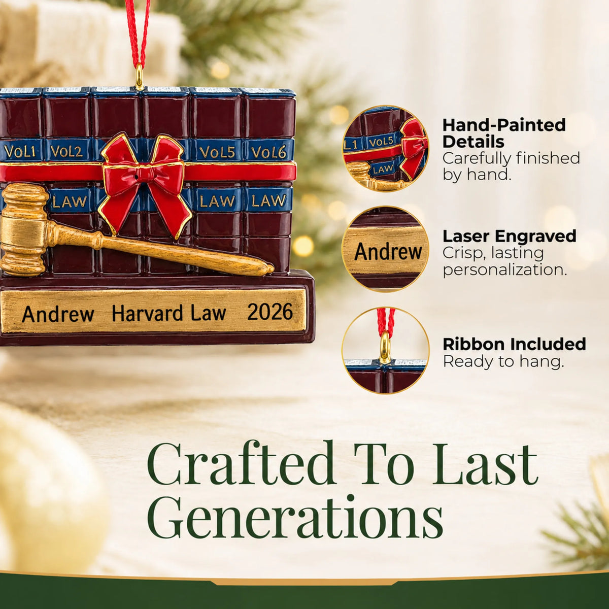 Hand-painted details and laser engraved personalization on the attorney law and gavel christmas ornament, ribbon included
