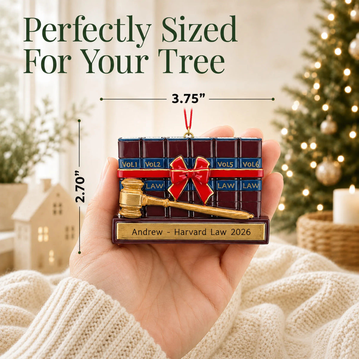 Size guide: the personalized attorney law and gavel christmas ornament is 3.75 in wide by 2.70 in tall, shown in hand