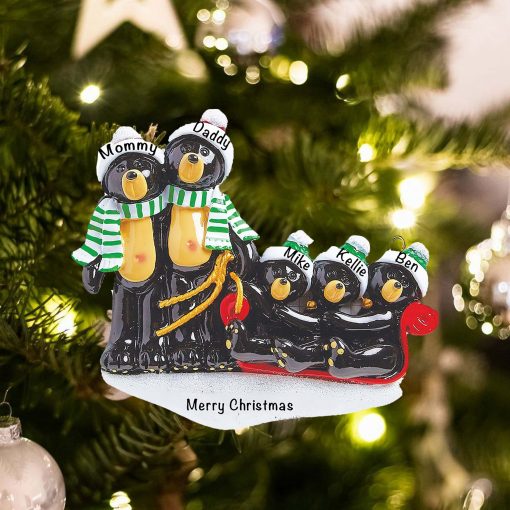 Personalized Black Bear Sled Family of 5 Christmas Ornament