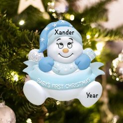 Personalized Blue Snowbaby with Words Christmas Ornament