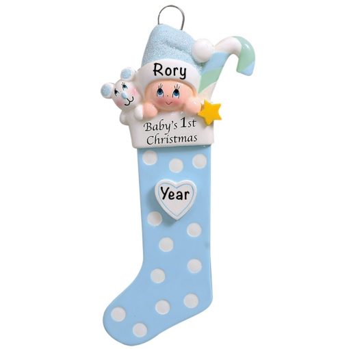 Baby's 1st Christmas Stocking Blue Personalized Christmas Ornament