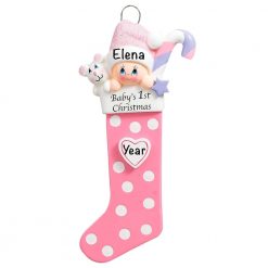 Baby's 1st Christmas Stocking Pink Personalized Christmas Ornament