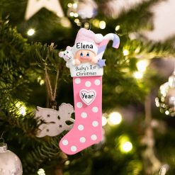 Personalized Babys First Christmas Pink Stocking Christmas Ornament
