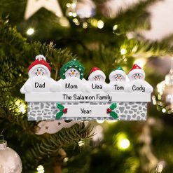 Personalized Snowman Family of 5 on Grey Wall Christmas Ornament