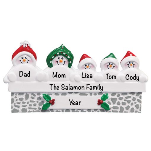 Snowmen On Gray Wall Family of 5 Personalized Christmas Ornament