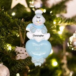Personalized Blue Snowbaby Heart Christmas Ornament