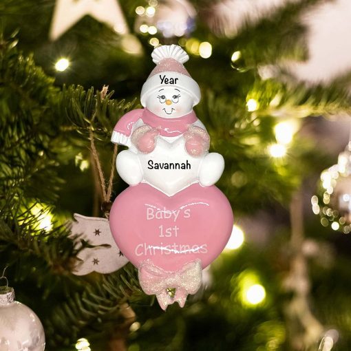 Personalized Pink Snowbaby Heart Christmas Ornament