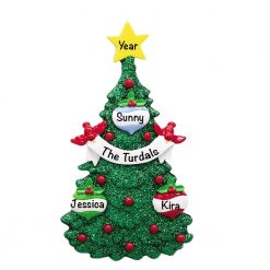 Green Glitter Tree Family of 3 Personalized Christmas Ornament