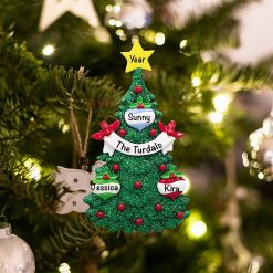 Personalized Green Glitter Tree Family of 3 Christmas Ornament
