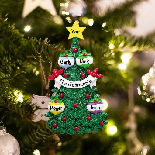 Personalized Green Glitter Tree Family of 4 Christmas Ornament