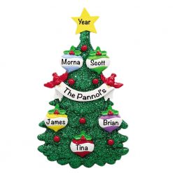 Green Glitter Tree Family of 5 Personalized Christmas Ornament