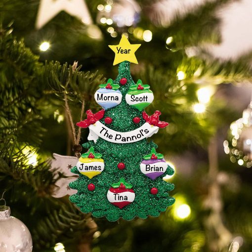 Personalized Green Glitter Tree Family of 5 Christmas Ornament