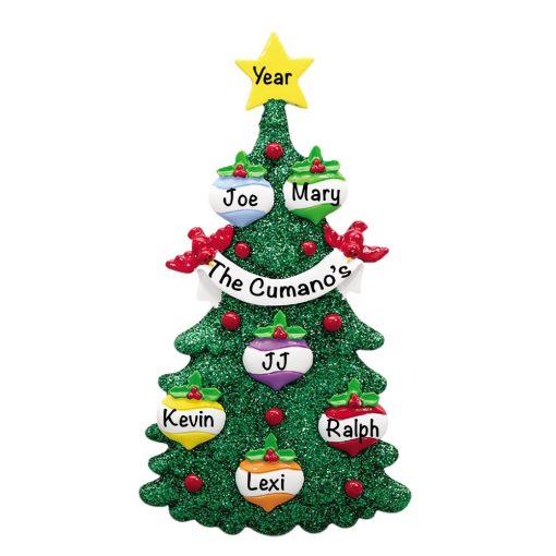 Green Glitter Tree Family of 6 Personalized Christmas Ornament