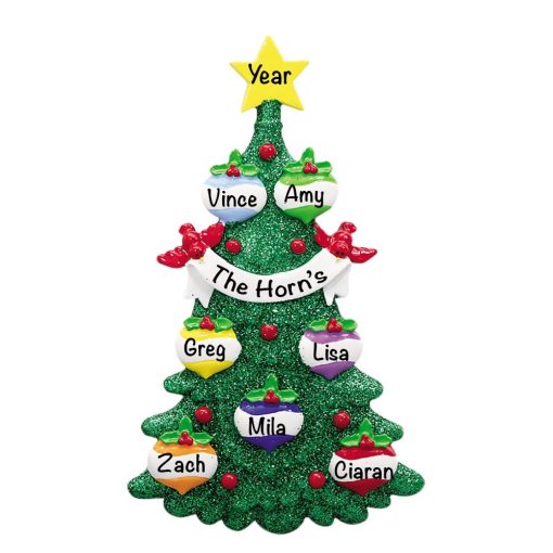 Green Glitter Tree Family of 7 Personalized Christmas Ornament