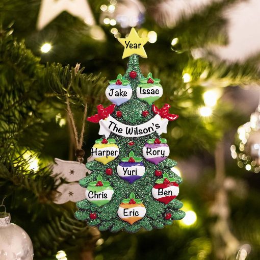 Personalized Green Glitter Tree Family of 8 Christmas Ornament
