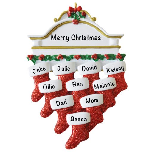 Red Stocking Mantle Family of 10 Personalized Christmas Ornament