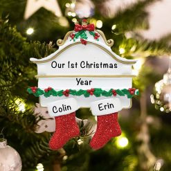 Personalized Red Stockings Mantle Couple Christmas Ornament