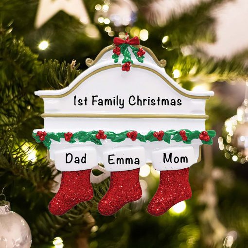 Personalized Red Stockings Mantle Family of 3 Christmas Ornament