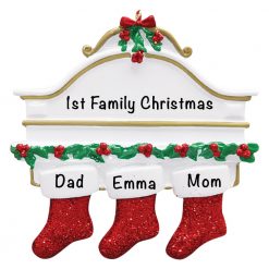 3-3 Red Stocking Mantle Family of 3 Personalized Christmas Ornament