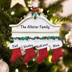 Personalized Red Stockings Mantle Family of 4 Christmas Ornament