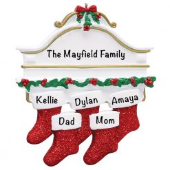 Red Stocking Mantle Family of 5 Personalized Christmas Ornament