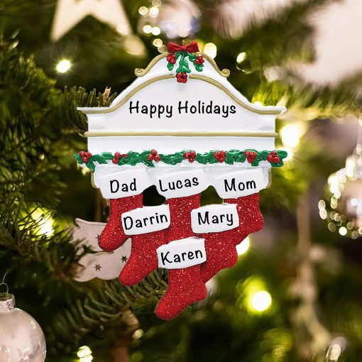 Personalized Red Stockings Mantle Family of 6 Christmas Ornament